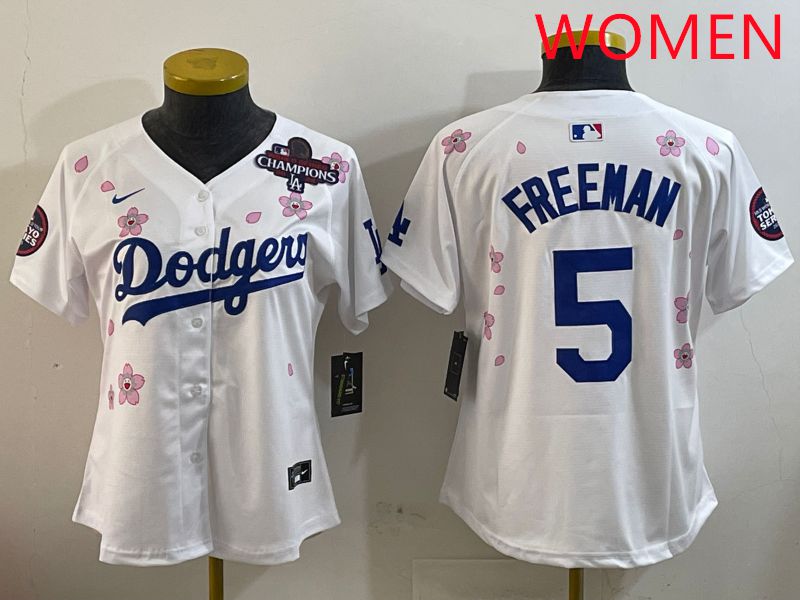 Women Los Angeles Dodgers 5 Freeman White Sakura Edition 2025 Nike MLB Jersey style 2